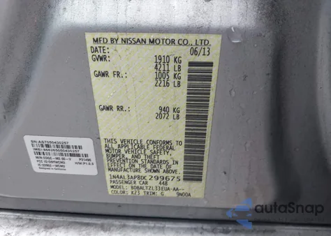 2013 Nissan Altima 2.5 Sv z USA, uszkodzony, nr VIN 1N4AL3AP8DC299675